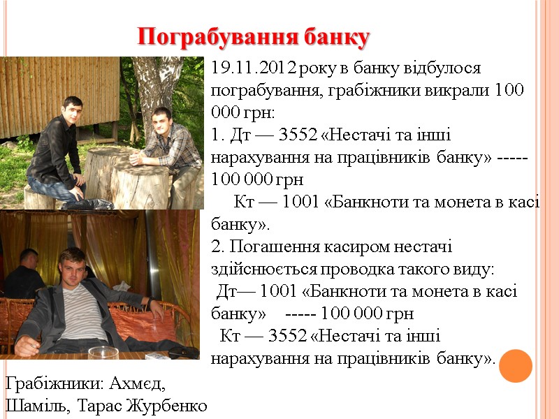 Пограбування банку 19.11.2012 року в банку відбулося пограбування, грабіжники викрали 100 000 грн: 1.